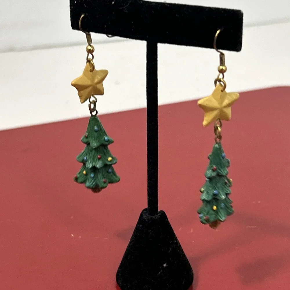 Vintage Yellow Star Green Christmas Tree Dangle‎ Hook Earrings